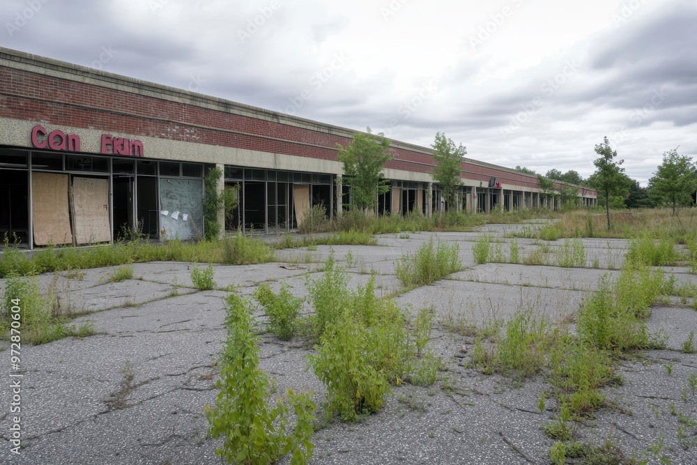 row of abandoned retail storefronts, resembling a ghost town with boarded-up windows and peeling signs. row of abandoned retail storefronts, resembling a ghost town with boarded-up windows and peeling signs.
