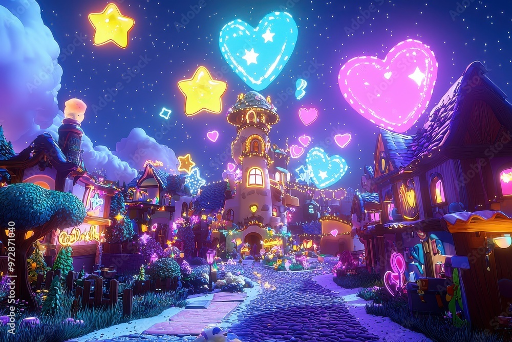 Obraz premium Magical night scene with colorful neon lights, glowing heart and star shapes, and whimsical fantasy landscape