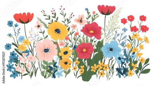 Bright, intricately designed flowers arranged in a lush flat floral illustration, set against a clean white background