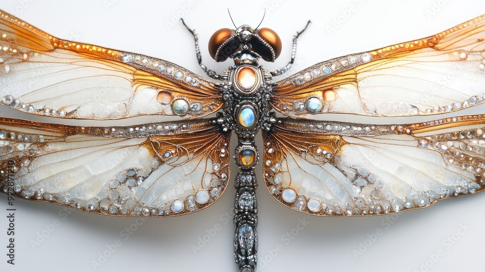 Fototapeta premium Close-up of a dragonfly with shimmering wings adorned with radiant diamonds and intricate jewelry, creating a luxurious look on a white background