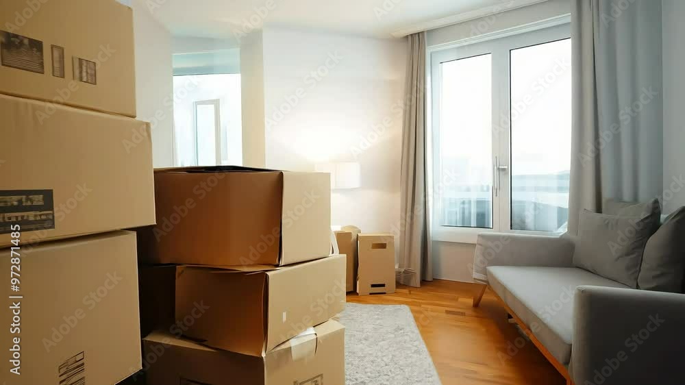 Moving boxes in an empty sunlit room with large windows and wooden floors Moving boxes in an empty sunlit room with large windows and wooden floors