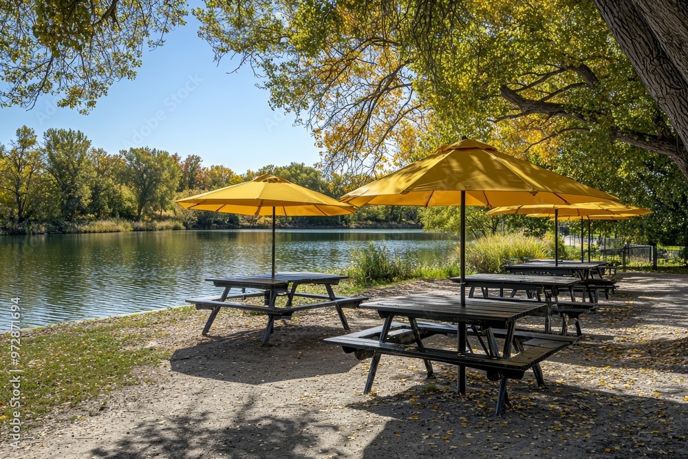 Obraz premium Park bench, table, and parasol with seating and tables