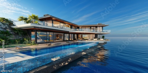 Three-dimensional rendering of a modern luxury building with wood terrace and swimming pool against a sea background, ideal for a family vacation.