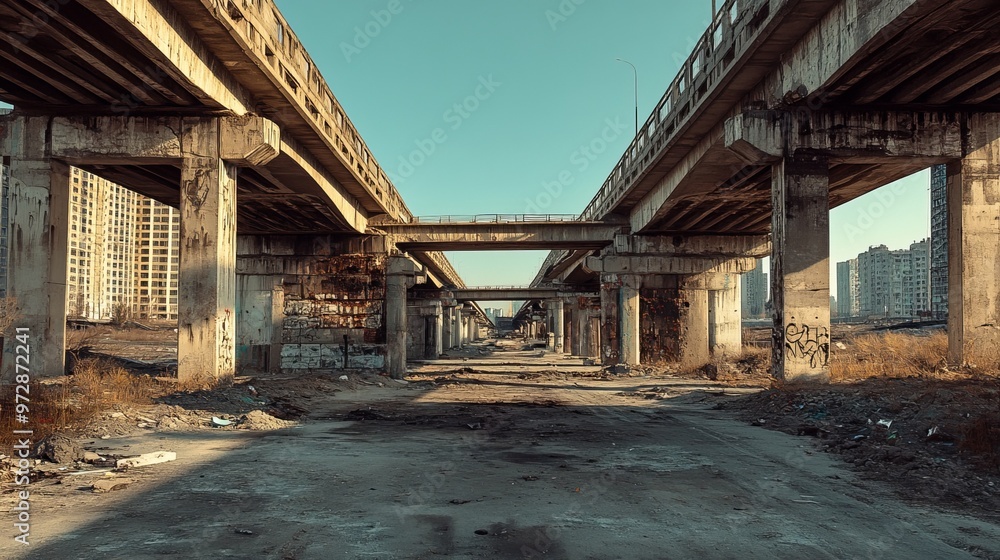 Brutalist bridge with thick concrete supports and angular, utilitarian design, spanning a wide, desolate riverbed in an urban wasteland. 4K hyperrealistic photo. Brutalist bridge with thick concrete supports and angular, utilitarian design, spanning a wide, desolate riverbed in an urban wasteland. 4K hyperrealistic photo.