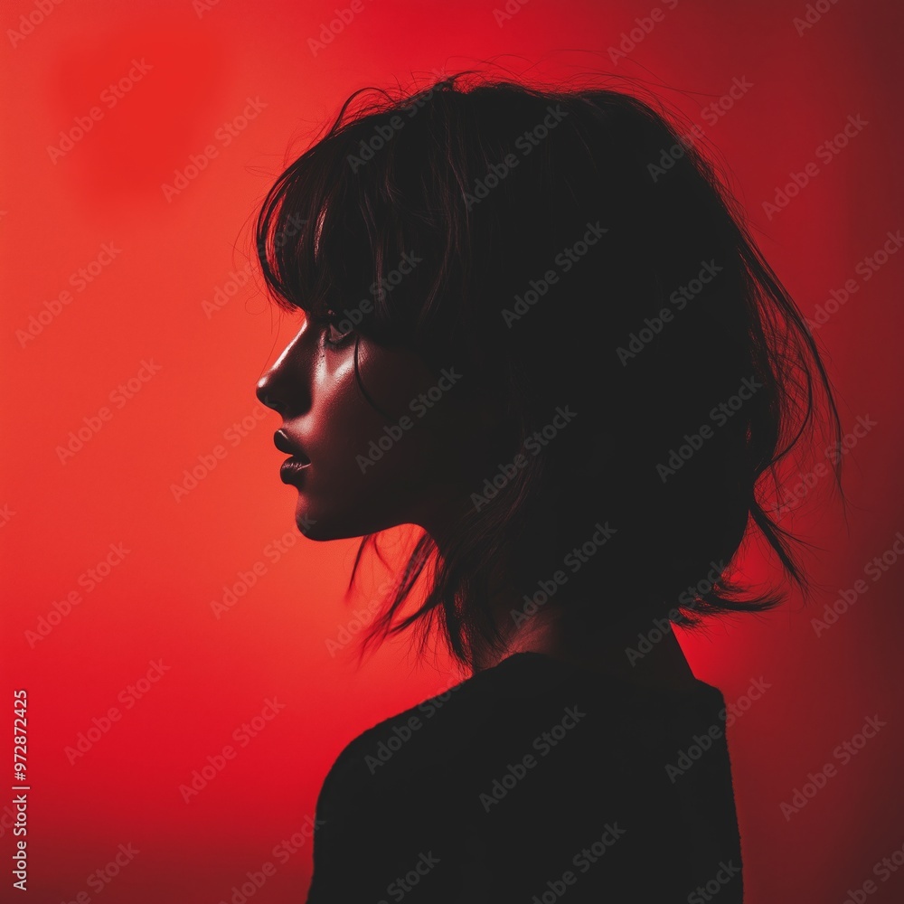 A striking silhouette of a woman with short hair captured against a minimalist red background, emphasizing shape and form. A striking silhouette of a woman with short hair captured against a minimalist red background, emphasizing shape and form.