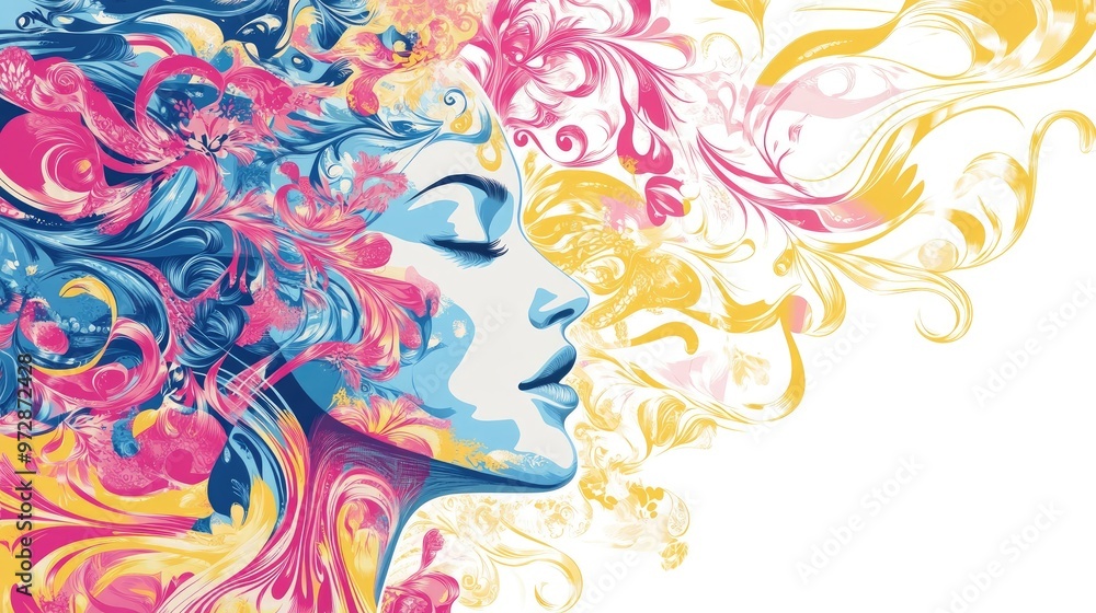 Intricate floral and swirling patterns in pink, blue, and yellow flowing around a stylized woman's face in a vibrant vector design on a white background Intricate floral and swirling patterns in pink, blue, and yellow flowing around a stylized woman's face in a vibrant vector design on a white background