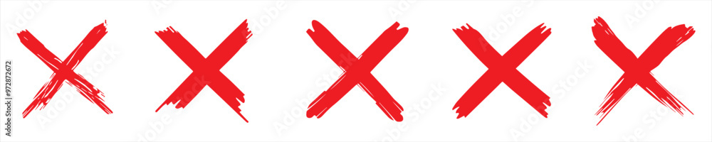 Red cross sign set. Wrong mark collection. Red cross X symbol. Red grunge X icon. Cross brush signs - stock vector illustration. Red cross sign set. Wrong mark collection. Red cross X symbol. Red grunge X icon. Cross brush signs - stock vector illustration.