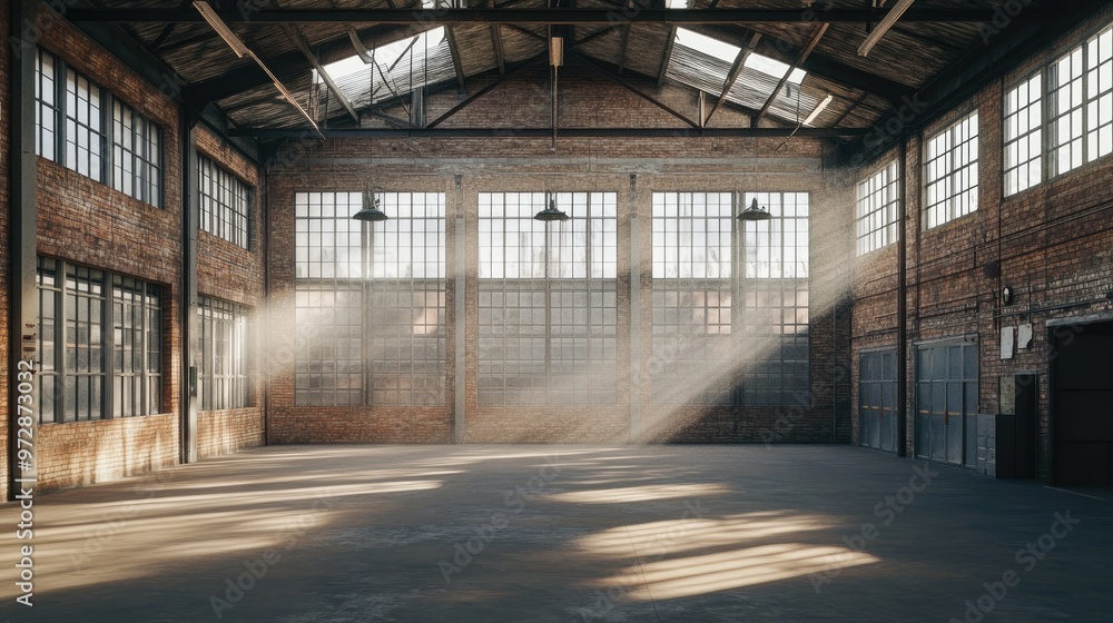 Empty industrial warehouse with high ceilings and big windows, showing ample storage space and natural light Empty industrial warehouse with high ceilings and big windows, showing ample storage space and natural light