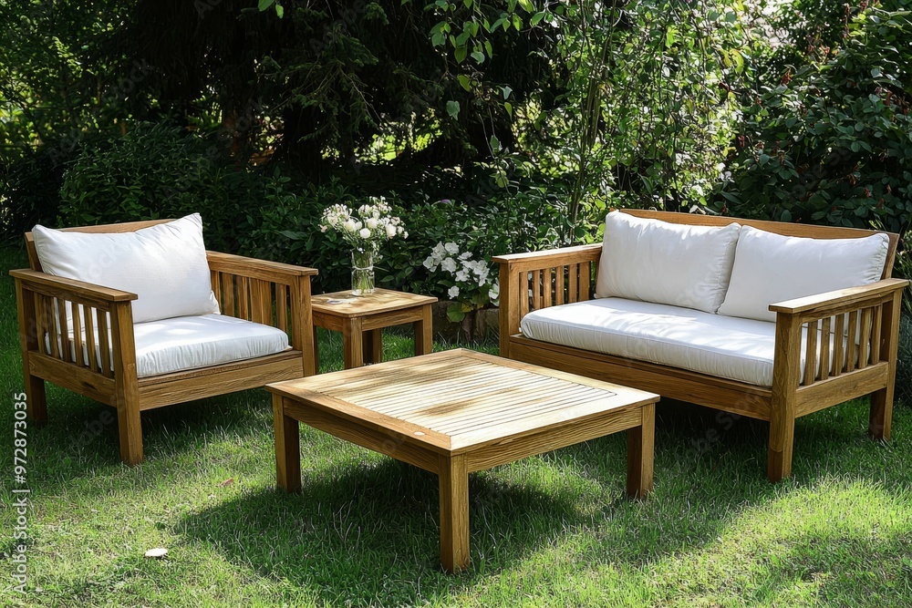 Fototapeta premium Table and chairs with pillows at the garden table.