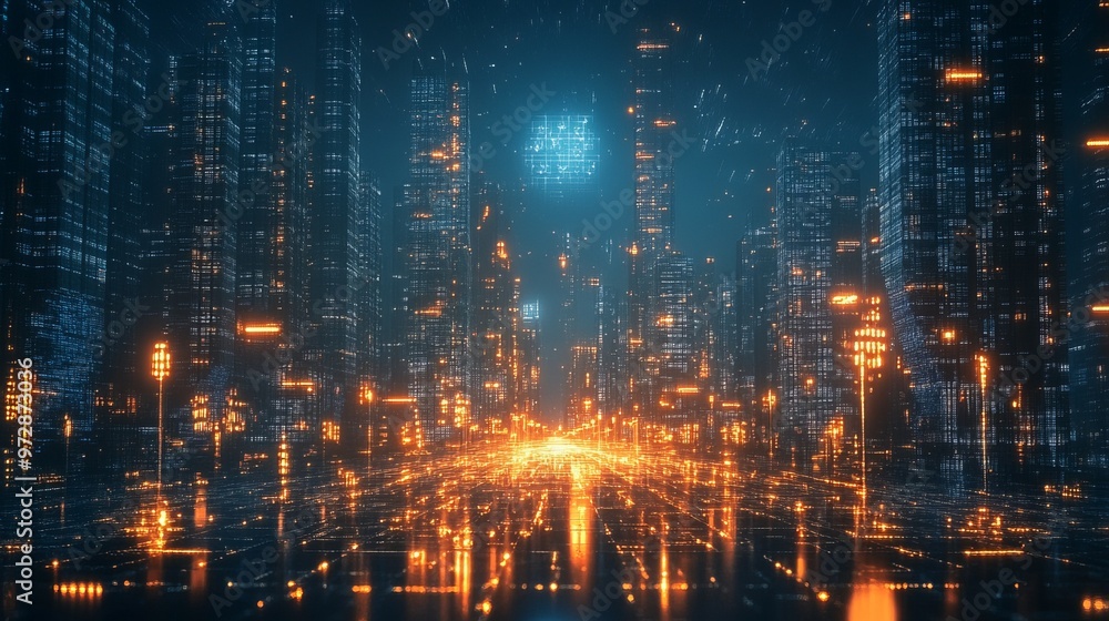 Fototapeta premium Night city panorama with network hologram