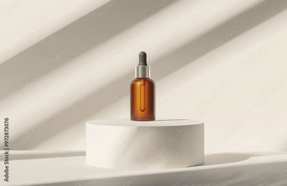 A simple, sleek cosmetic bottle standing on a white, minimalist podium, with soft natural lighting and smooth shadows A simple, sleek cosmetic bottle standing on a white, minimalist podium, with soft natural lighting and smooth shadows