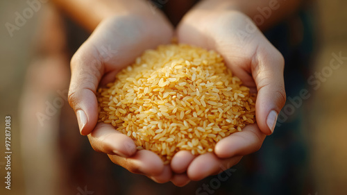 women's hands holding a handful of rice, international rice day, september 20, harvest, cereals, agriculture, asia, farm, organic, autumn, harvesting, chinese food, vegetarian food