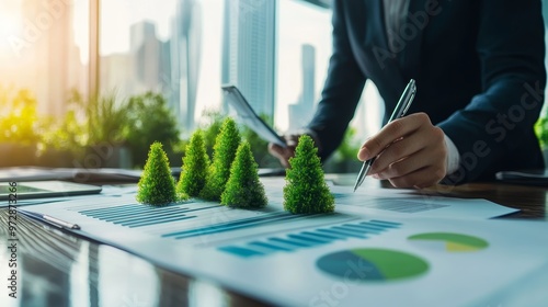 A businessperson analyzing growth data with mini trees, symbolizing sustainability and corporate responsibility in a modern office. photo