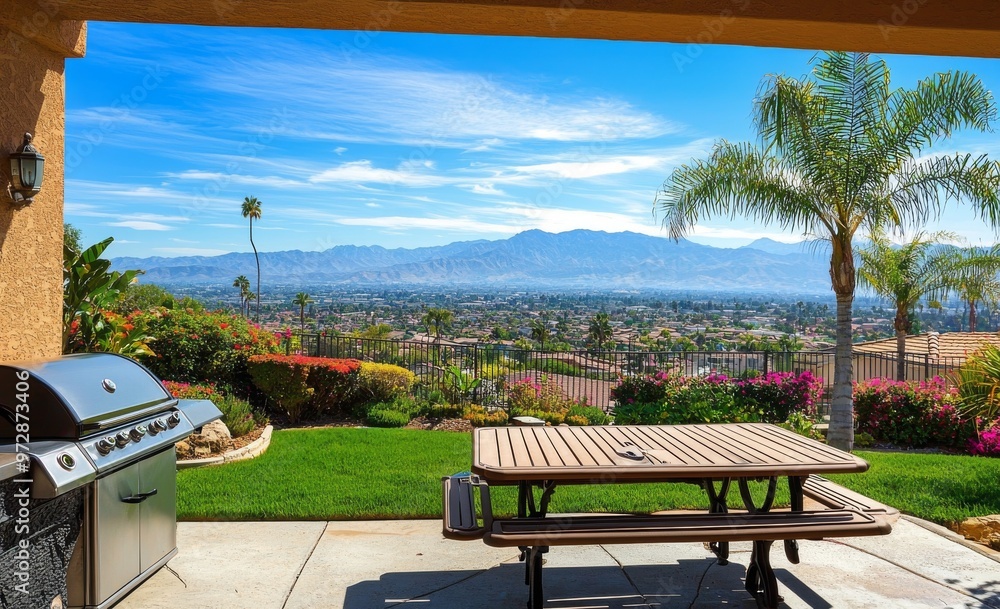 Obraz premium In the backyard of a Southern California home, there is an outdoor living space with a BBQ
