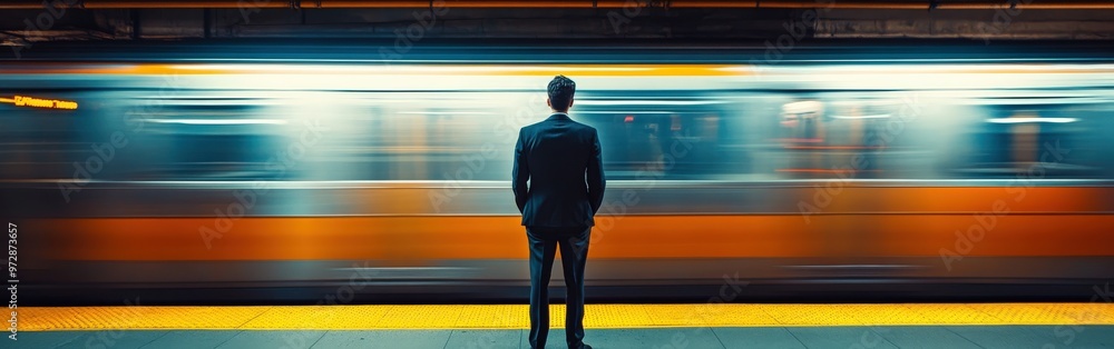 Fototapeta premium Businessman waiting on subway platform with train speeding by