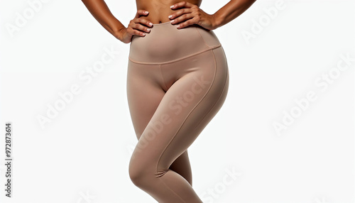 Rear view of a Latin woman in sporty leggings, sporty product ad shot.






 photo