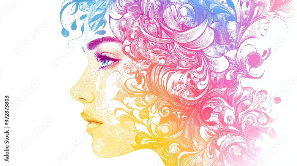 Stylized vector illustration of a beautiful woman's face, adorned with intricate floral and swirling patterns in pink, blue, and yellow on a white background Stylized vector illustration of a beautiful woman's face, adorned with intricate floral and swirling patterns in pink, blue, and yellow on a white background