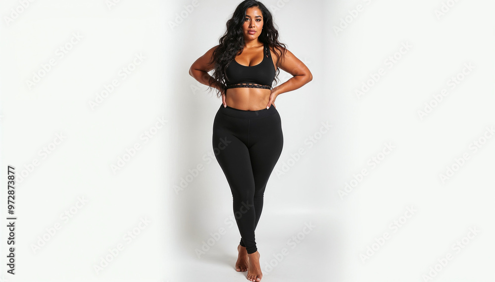 Rear view of a Latin woman in sporty leggings, sporty product ad shot.
Rear view of a Latin woman in sporty leggings, sporty product ad shot.