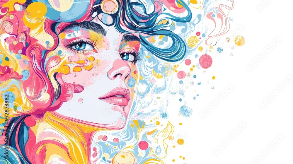 Stylized woman's face adorned with swirling shapes and floral patterns in shades of pink, blue, and yellow, set against a white background Stylized woman's face adorned with swirling shapes and floral patterns in shades of pink, blue, and yellow, set against a white background