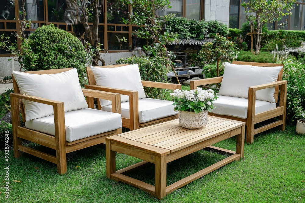 Fototapeta premium Garden furniture set with wooden table and chairs with pillows