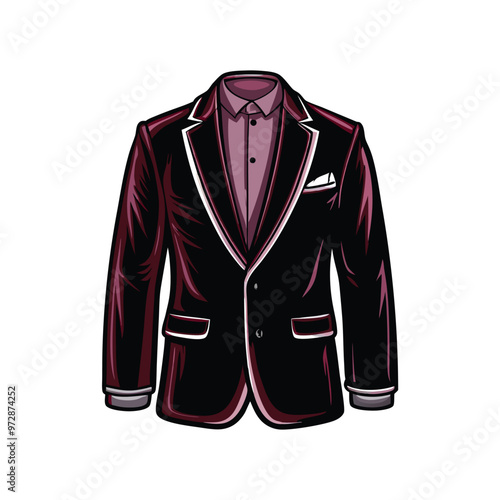 A detailed illustration of a burgundy velvet blazer with satin lapels, featuring a white trim, pocket square, and two buttons.