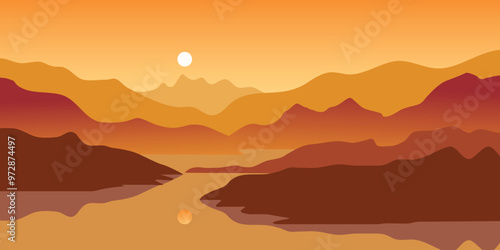 Sun set landscape vector illustration background.