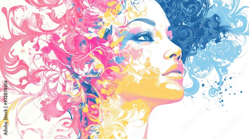 Vector illustration of a stylized woman's face with intricate swirling floral patterns in pink, blue, and yellow on a clean white background Vector illustration of a stylized woman's face with intricate swirling floral patterns in pink, blue, and yellow on a clean white background