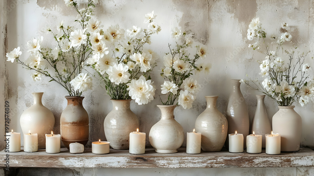 A serene display of vases with flowers and candles on a rustic shelf. A serene display of vases with flowers and candles on a rustic shelf.