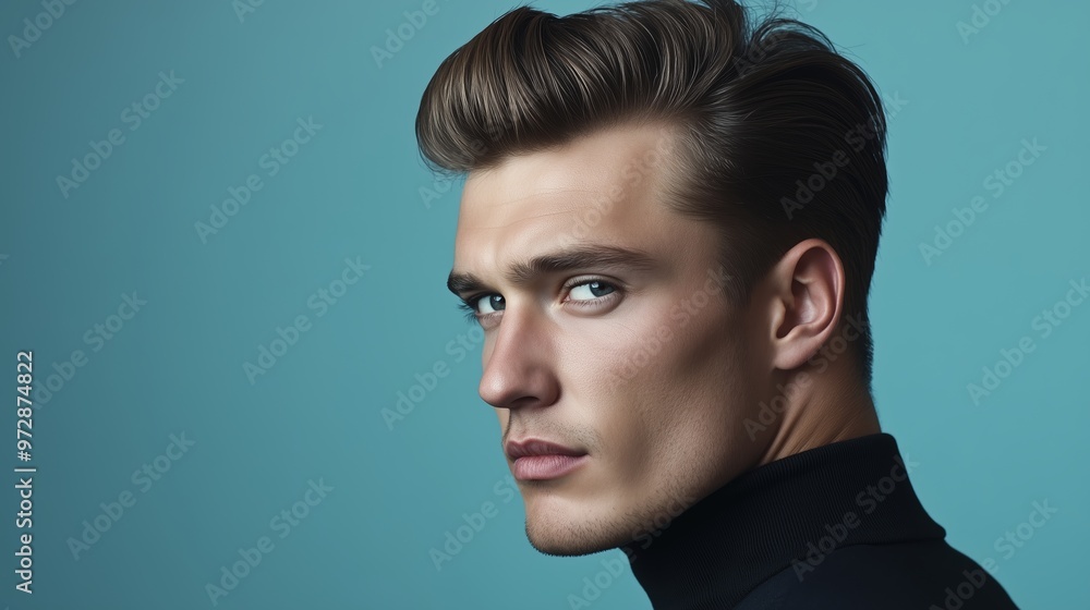 A young man poses stylishly against a serene blue background, showcasing modern fashion and confident expression in a studio setting