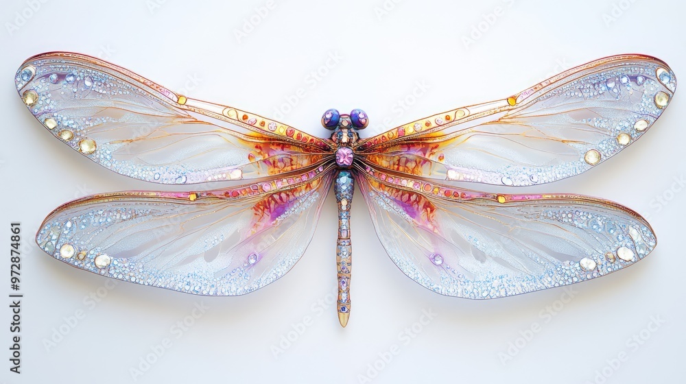 Fototapeta premium Vibrant dragonfly wings adorned with radiant diamonds and intricate jewels, set against a minimal white background in an abstract close-up