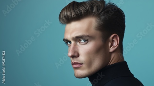 A young man poses stylishly against a serene blue background, showcasing modern fashion and confident expression in a studio setting