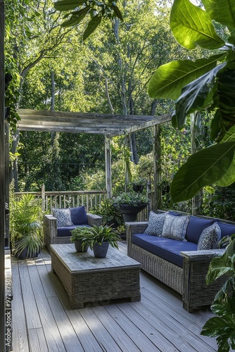 Beautiful double terrace with a rustic wooden roof with flowers and green trees in the house garden.