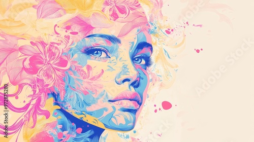 Vibrant floral and swirling patterns in pink, blue, and yellow enhancing the elegance of a stylized woman's face on a white background