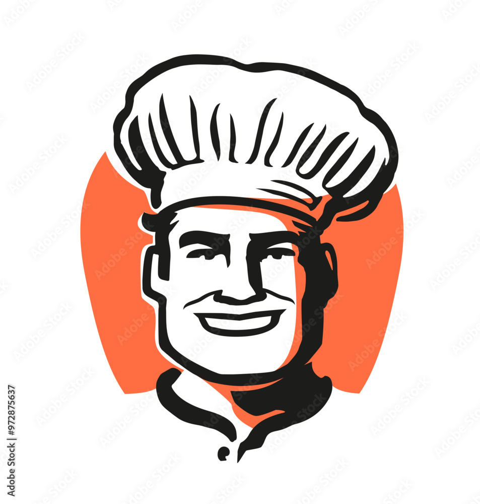 Happy man chef in hat logo or emblem. Male cook, food service sign symbol vector illustration Happy man chef in hat logo or emblem. Male cook, food service sign symbol vector illustration