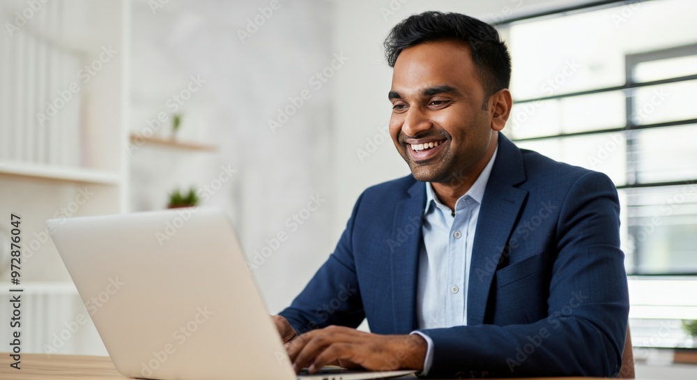 Smiling Businessman Working on Laptop in Office Smiling Businessman Working on Laptop in Office