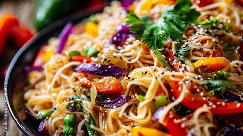 Festive Vegetarian Noodle Delight - Vibrant East Asian Dish with Colorful Vegetables Close-up for Festival Celebration photo