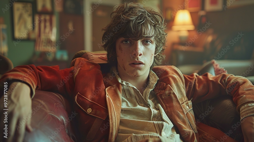 A young man with a bruised face sits on a leather couch in a dimly lit room. A young man with a bruised face sits on a leather couch in a dimly lit room.