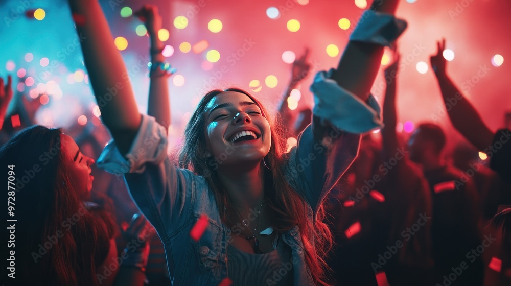 A group of friends at a music festival, dancing and enjoying the moment with colorful lights in the background A group of friends at a music festival, dancing and enjoying the moment with colorful lights in the background
