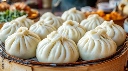 Savor the Flavor: Close-up of Steamed Buns at Vibrant Vegetarian Festival Food Stall with Soft Texture photo