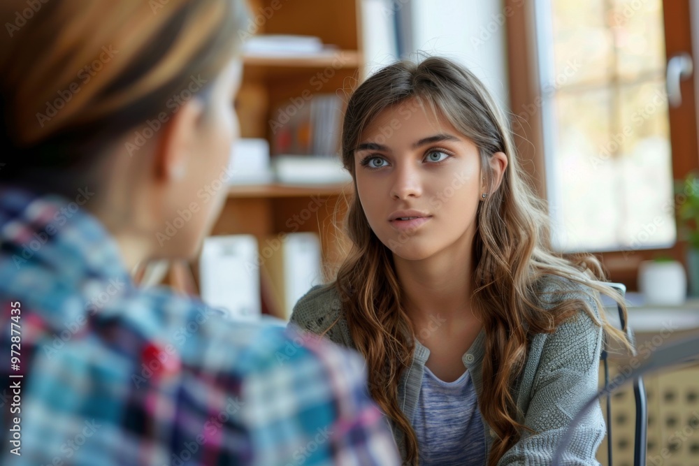 A student is talking with a school counselor about college plans and future aspirations