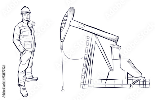 a set of black and white hand-drawn drawings of an oil pump and an engineer's man vector