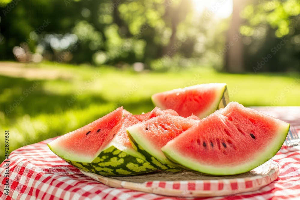 Tasty sliced watermelon on table outdoors Tasty sliced watermelon on table outdoors