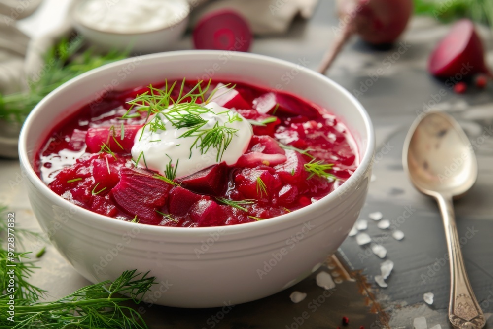 Borscht: A bowl of beetroot borscht served with a dollop of sour cream and fresh dill Borscht: A bowl of beetroot borscht served with a dollop of sour cream and fresh dill