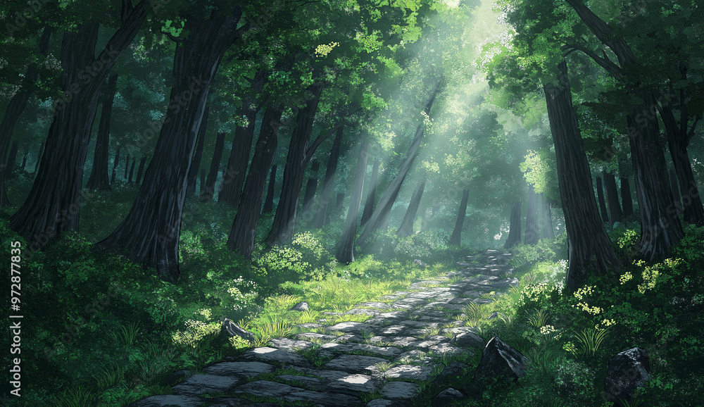 Obraz premium Sunlit forest path with lush greenery