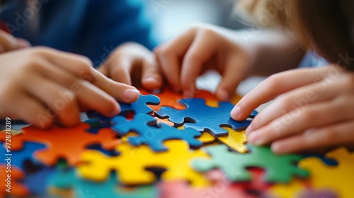 Children's Hands Working on a Colorful Puzzle Together
