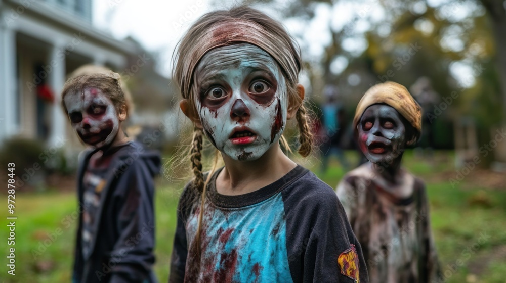 Children in zombie makeup and costumes practicing their scariest walks in a front yard Children in zombie makeup and costumes practicing their scariest walks in a front yard