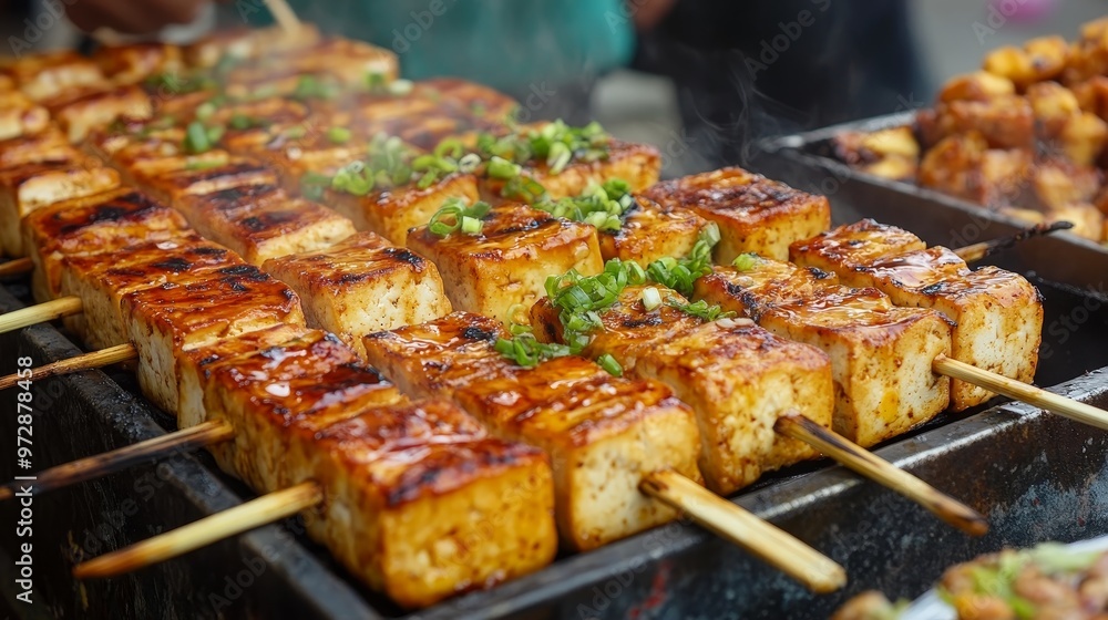 Delicious Grilled Tofu at a Vibrant Vegetarian Festival Market Stall in East Asia Delicious Grilled Tofu at a Vibrant Vegetarian Festival Market Stall in East Asia
