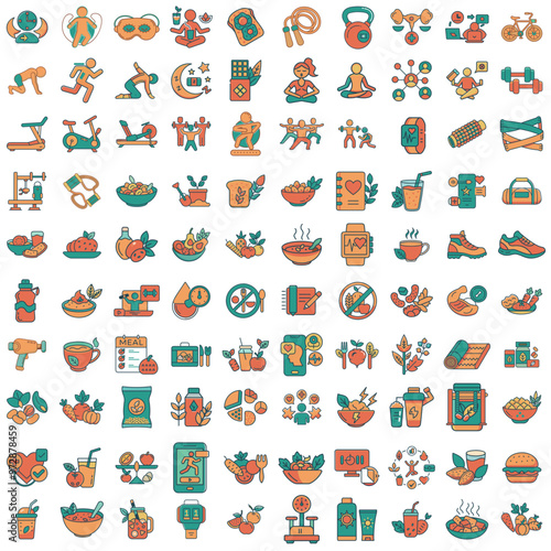 Set of Colorful Icons on Healthy Lifestyle Theme, Wellness, Fitness, and Nutrition Symbols