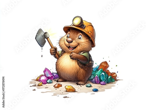 Beaver Miner A cartoon beaver in a miner s helmet with a light, holding a pickaxe, standing in front of a cartoon mine with colorful gems scattered around photo