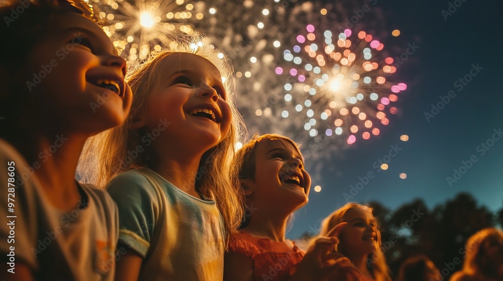 Children's faces lighting up as they watch fireworks burst into brilliant colors against a night sky Children's faces lighting up as they watch fireworks burst into brilliant colors against a night sky